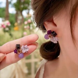 Purple Shiny Flower Shape Stud Earrings Inlaid Shiny Zircon Faux Fashion Jewelry